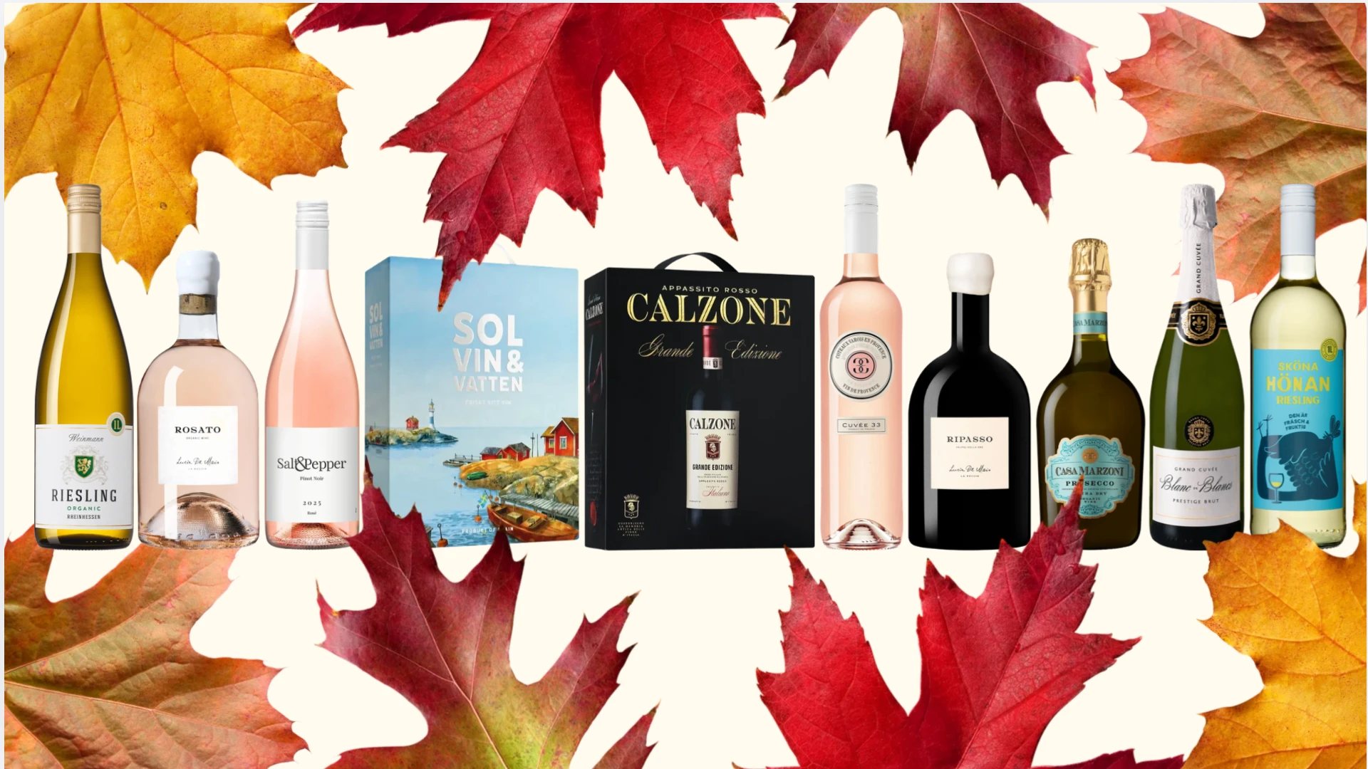 Årets tio lanseringar med flest LES-butiker uppställda bland röda och gula höstlöv: Weinmann Riesling, Lucia De Maio Rosato, Salt & Pepper Pinot Rosé, Sol Vin och Vatten, Calzone Grande Edizione, Cuvée 33, Lucia De Maio Ripasso, Casa Marzoni Prosecco, Blanc de Blancs och Sköna Hönan Riesling.